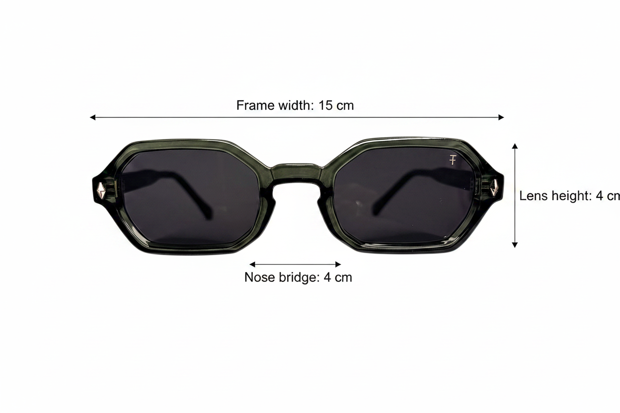 Size guide - Frame width 15cm, Nose bridge 4cm, Lens height 4cm
