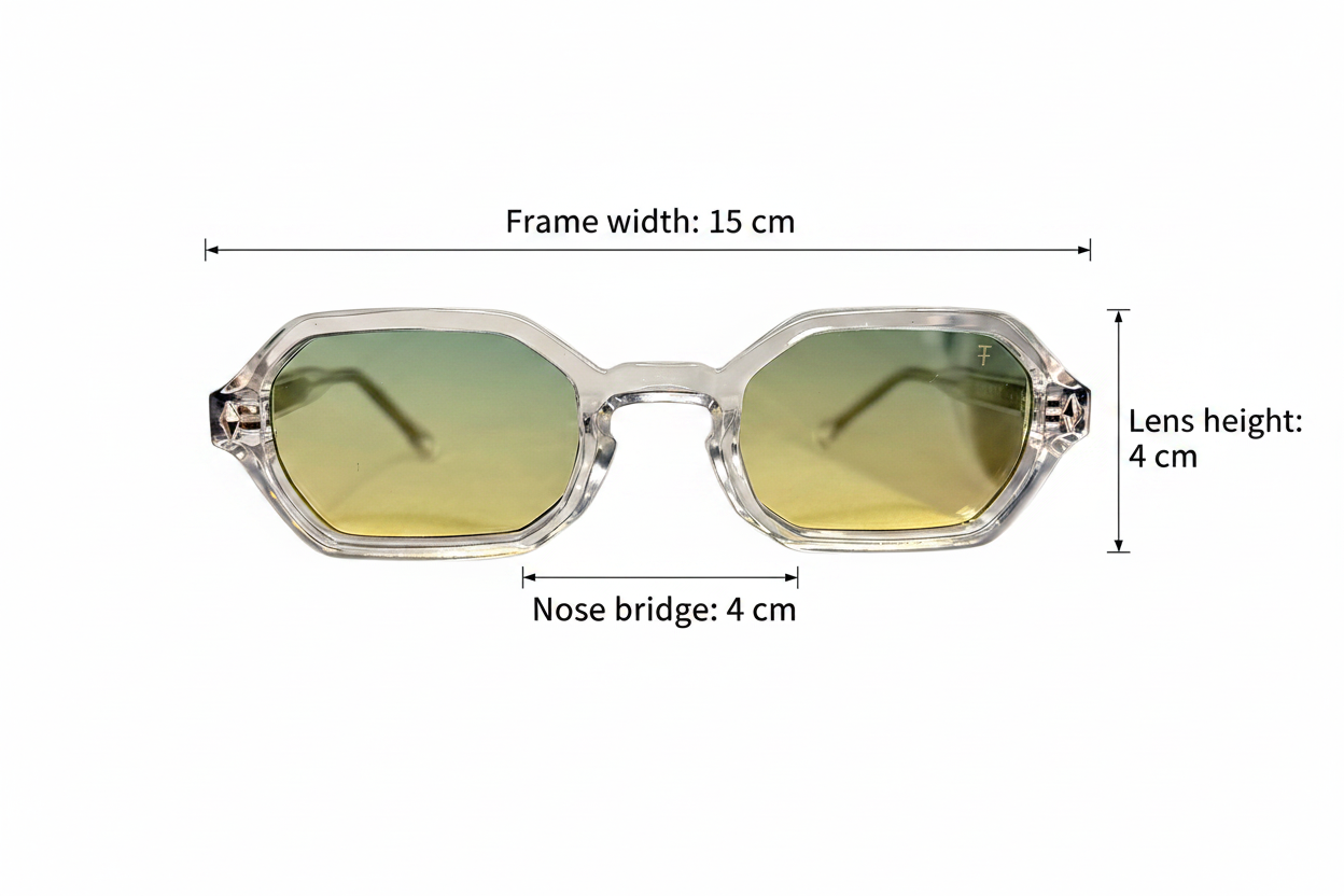 Size guide - Frame width 15cm, Nose bridge 4cm, Lens height 4cm