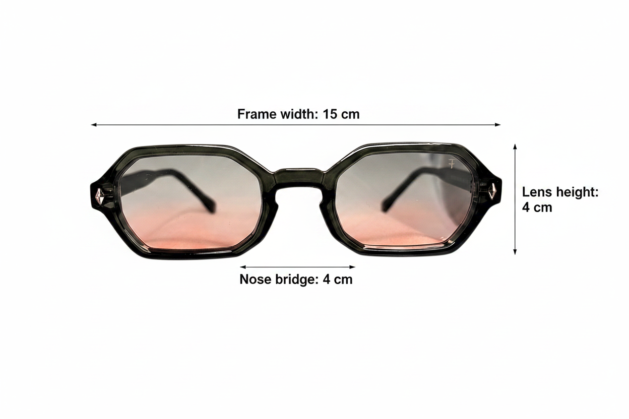 Size guide - Frame width 15cm, Nose bridge 4cm, Lens height 4cm