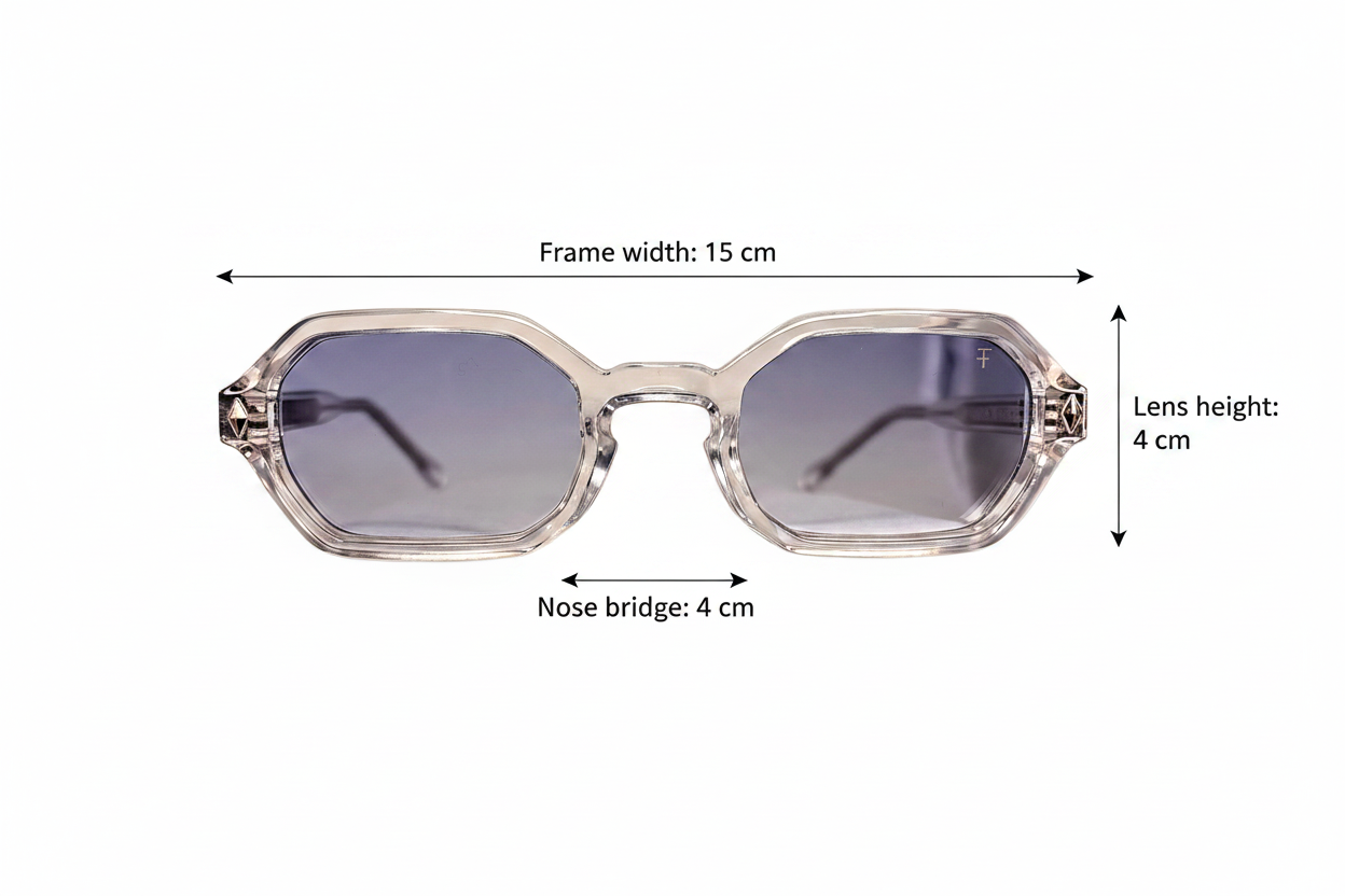 Size guide - Frame width 15cm, Nose bridge 4cm, Lens height 4cm