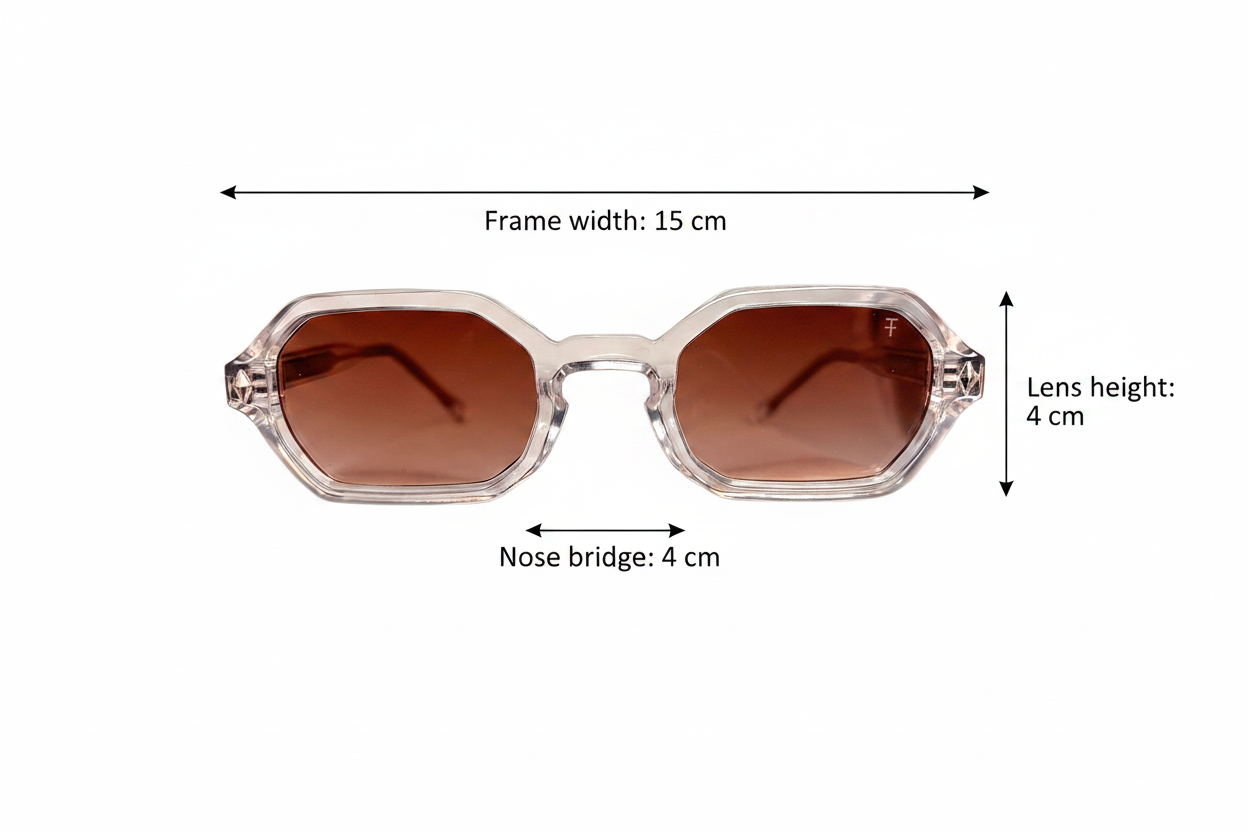 Size guide - Frame width 15cm, Nose bridge 4cm, Lens height 4cm