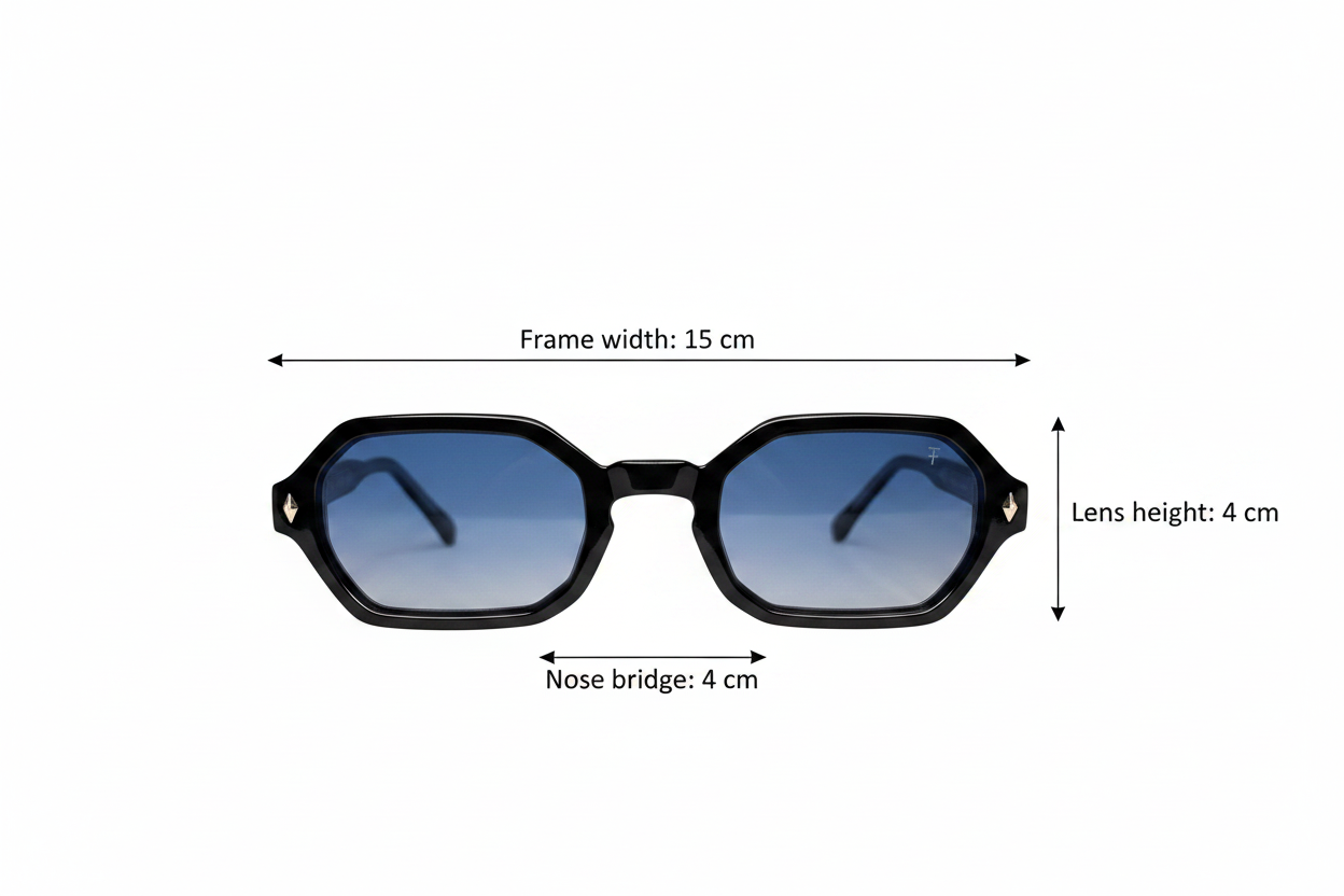 Size guide - Frame width 15cm, Nose bridge 4cm, Lens height 4cm